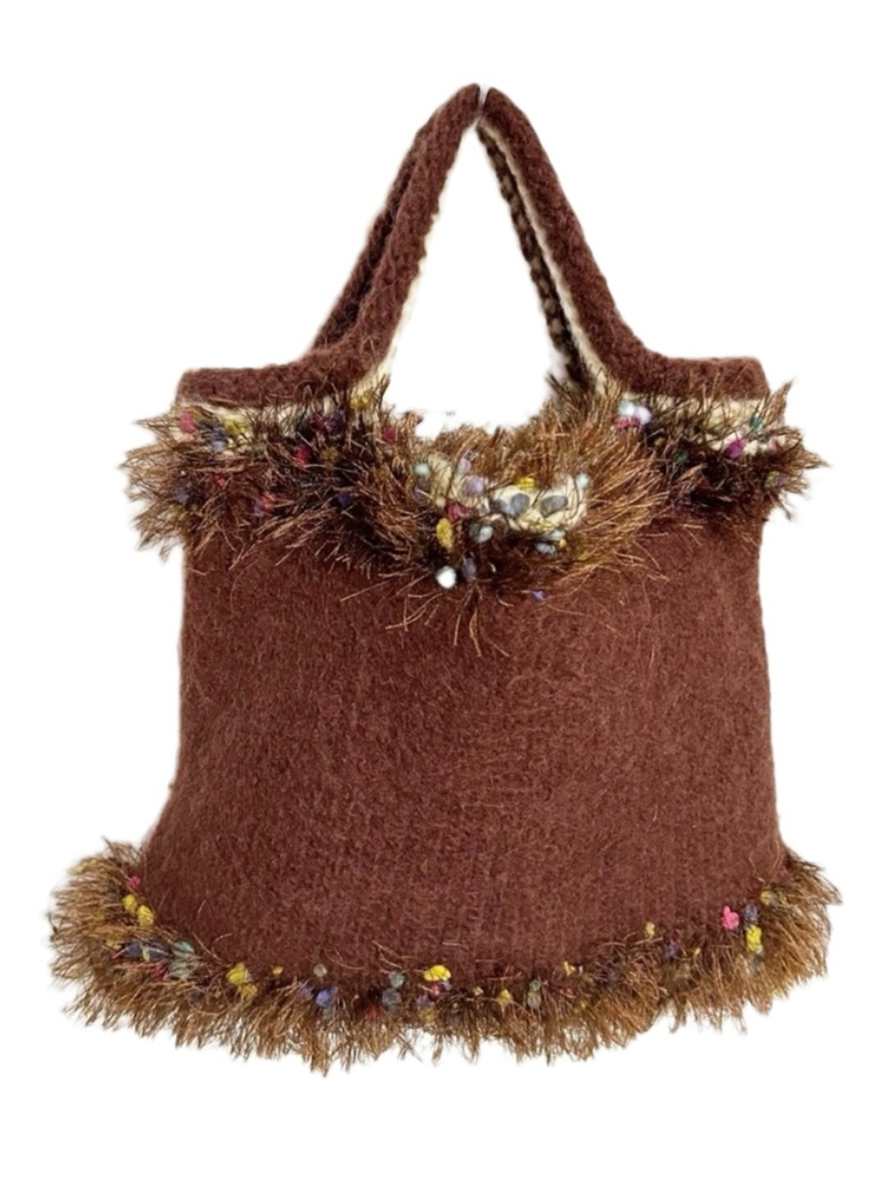 Unbranded Handcrafted Multi Yarn Types Knit Tote Fuzzy Trim Around Top Boil Wool